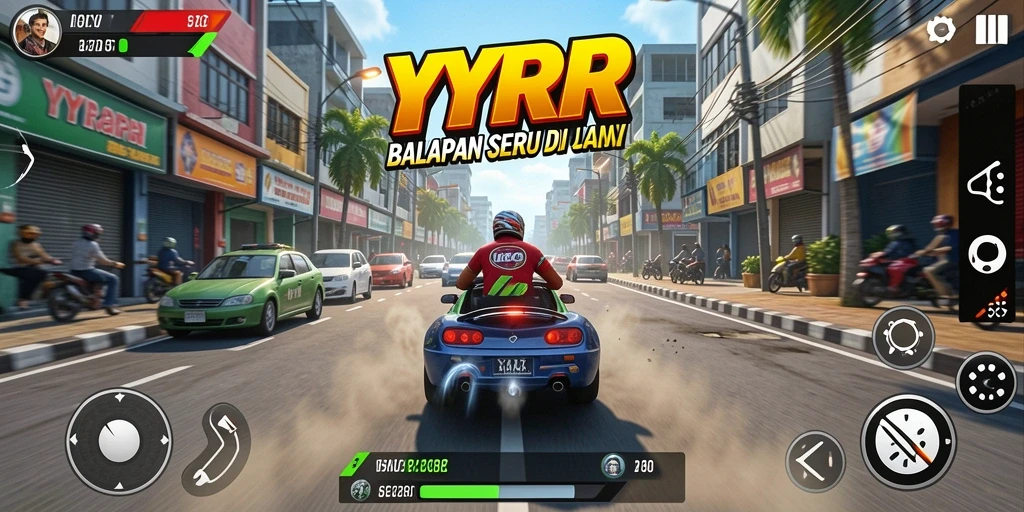 Screenshot gameplay menunjukkan aksi balapan yang seru di YYRR.