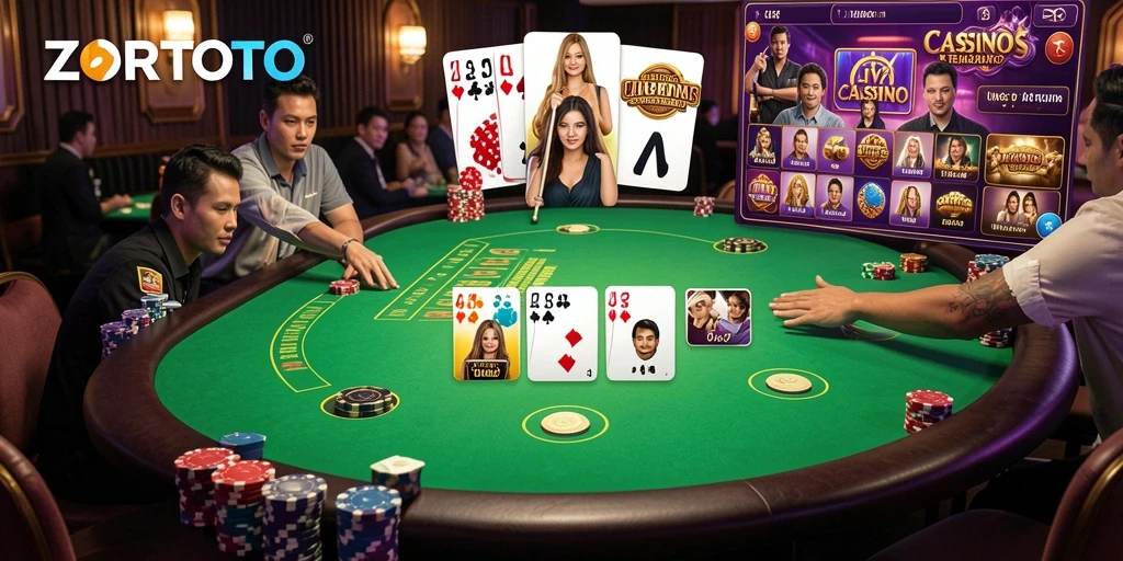 Screenshot gameplay ZORTOTO menampilkan dealer langsung yang profesional dan interaksi pemain.